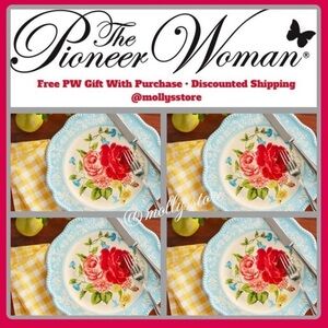 💐 New Pioneer Woman Sweet Rose 10.5”d Dinner Plates, Red & Blue, Set of 4